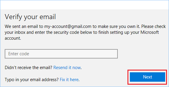 Введите код подтверждения для проверки учетной записи пользователя Microsoft в Windows 10