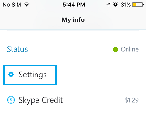 Вкладка настроек Skype на iPhone