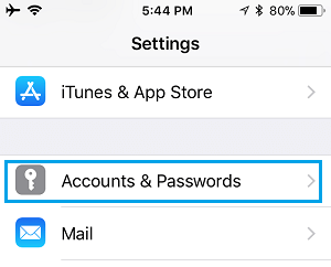 Опция учетных записей и паролей на экране настроек iPhone