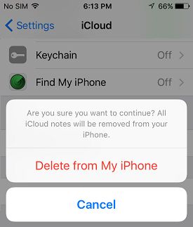 Подтвердите удаление iCloud с вашего iPhone