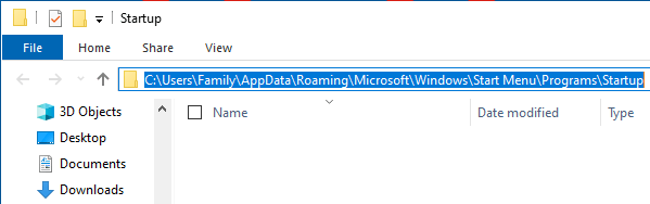 Расположение папки запуска на уровне пользователя на ПК с Windows