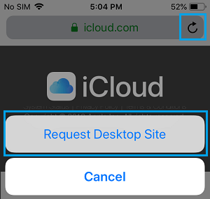 Запросить сайт iCloud для настольных ПК на iPhone
