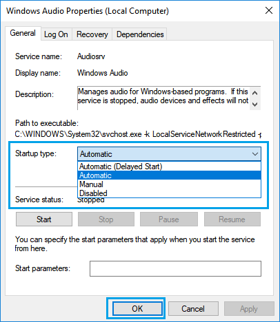 Установите автоматический тип запуска для аудиосервиса Windows