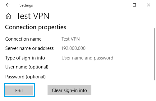 Экран свойств VPN-подключения