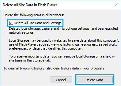 Удалить все данные и настройки сайта Flash Player в Windows 10