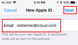 Введите новый экран адреса электронной почты Apple ID на iPhone