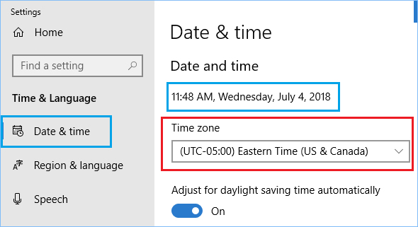 Экран настройки даты и часового пояса в Windows 10