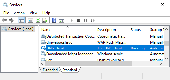 DNS-клиент на экране служб в Windows 10