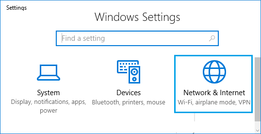 Параметр настроек сети и Интернета в Windows 10