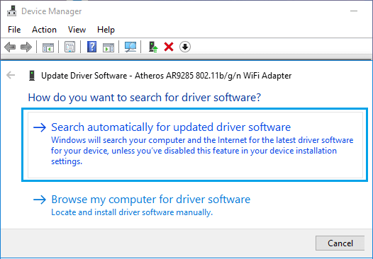 Автоматический поиск варианта программного обеспечения драйвера адаптера WiFi в Windows 10