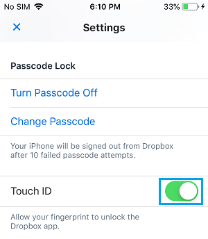 Включить Touch ID для приложения Dropbox на iPhone