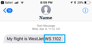Номер рейса в приложении сообщений iPhone