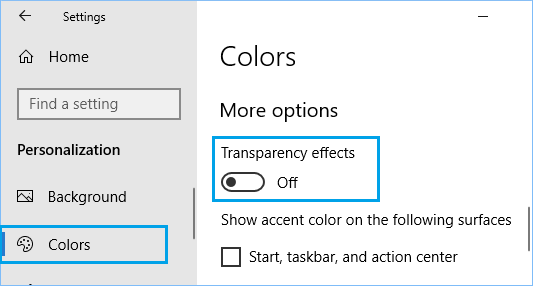 Отключить эффекты прозрачности в Windows 10