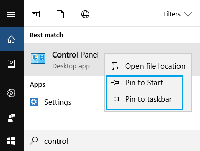 Закрепить панель управления на панели задач в Windows 10