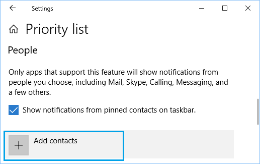 Добавление контактов в список приоритетов Focus Assist в Windows 10