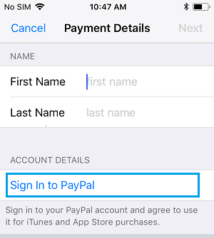 Войдите в систему PayPal Option на iPhone