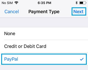 Установите PayPal в качестве способа оплаты по умолчанию на iPhone