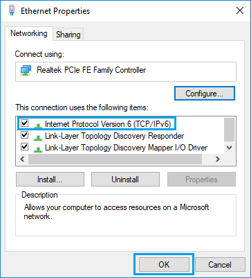 Включить протокол интернет-службы TCP / IPV6