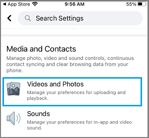 Параметр настройки видео и фото Facebook на iPhone