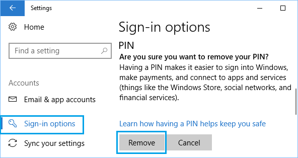 Подтвердите удаление параметра входа с помощью PIN-кода в Windows 10