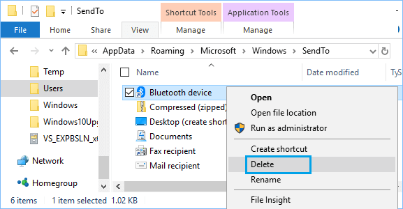 Файл устройства Bluetooth в папке пользователя SendTo в Windows 10 