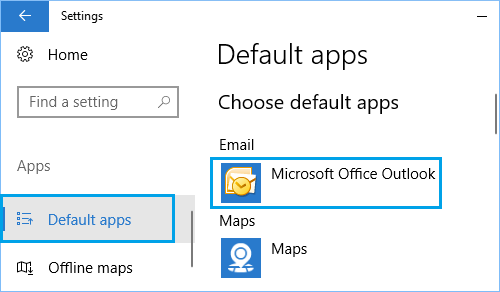 Установите Microsoft Outlook в качестве почтового приложения по умолчанию