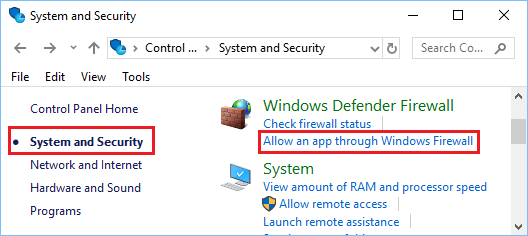 Разрешить приложение через параметр брандмауэра Windows на панели управления Windows 10