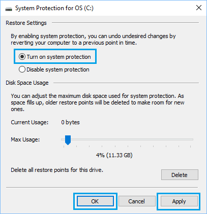 Включить защиту системы в Windows 10