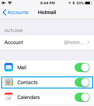 Включить контакты учетной записи электронной почты на iPhone