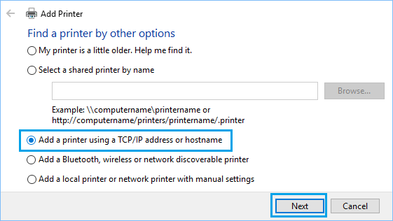 Добавление принтера с помощью адреса TCP / IP или имени хоста в Windows