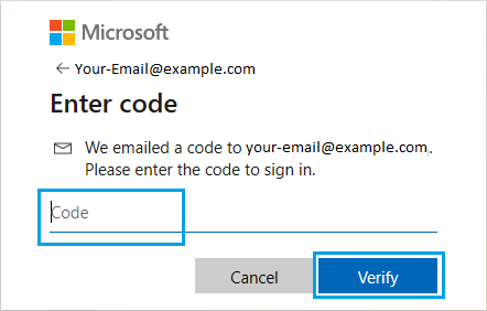 Введите код безопасности для подтверждения учетной записи Microsoft
