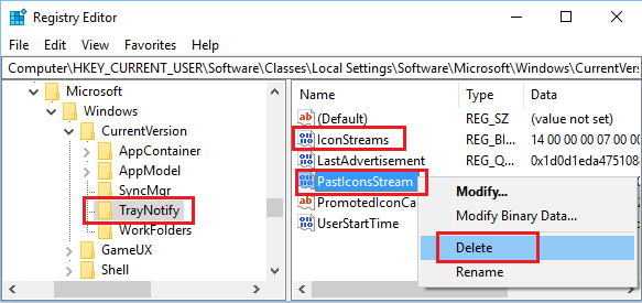 Удалить ключи реестра IconStreams и PastIconsStream в Windows 10