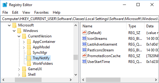 Папка TrayNotify на экране редактора реестра в Windows 10