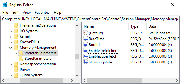 Папка PrefetchParameters на экране редактора реестра Windows 10