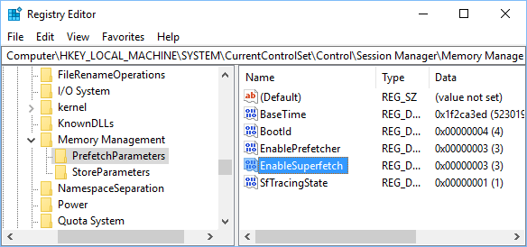 Включить реестр SuperFetch в Windows 10
