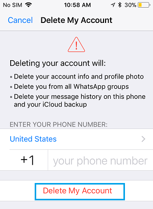 Удалить экран моей учетной записи в WhatsApp на iPhone