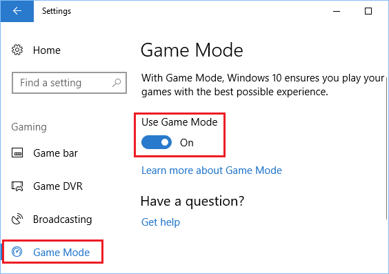 Включить игровой режим в Windows 10