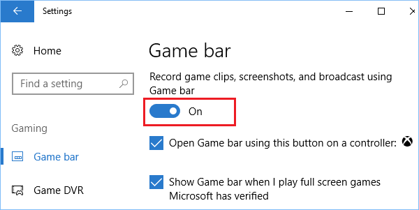 Включить опцию игровой панели в Windows