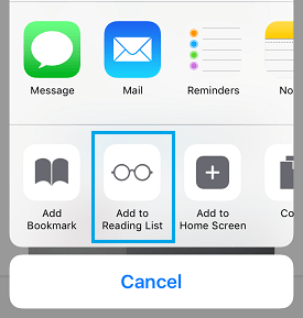 Опция «Добавить в список для чтения» на iPhone
