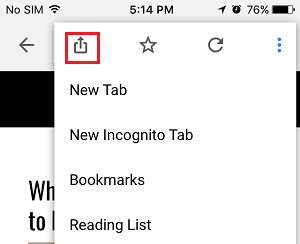 Значок «Поделиться» в браузере Google Chrome на iPhone