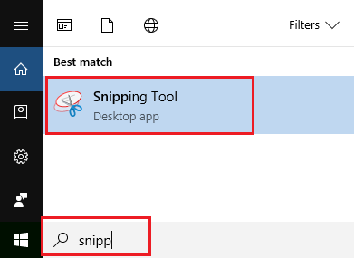 Запустите Snipping Tool с помощью поиска в Windows 10