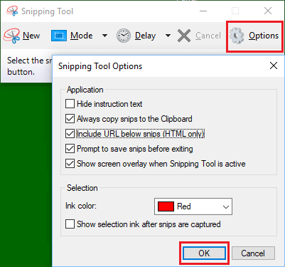 Экран параметров инструмента «Ножницы» в Windows 10
