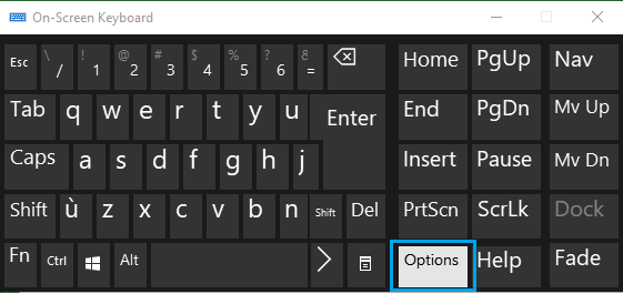 Клавиша параметров на экранной клавиатуре в Windows 10