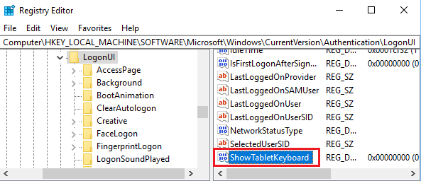 Ключ ShowTabletKeyboard на экране редактора реестра в Windows 10