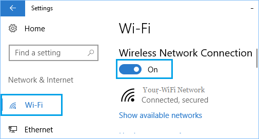 Включите WiFi на экране настроек в Windows 10