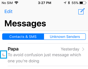 Значок Луны, указывающий на чат со скрытыми оповещениями о сообщениях на iPhone