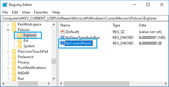 Назовите DWORD как NoControlPanel в Windows 10
