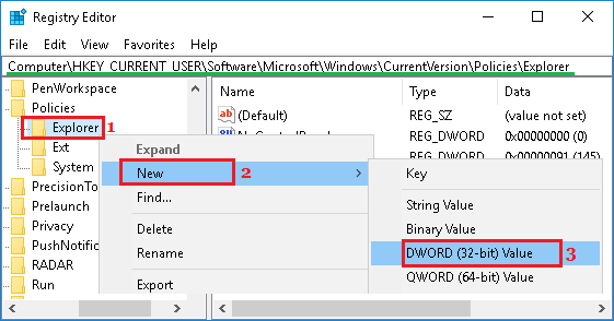 Создайте новый DWORD в папке Policies/Explorer в Windows 10