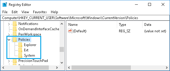 Папка политик на экране редактора реестра в Windows 10