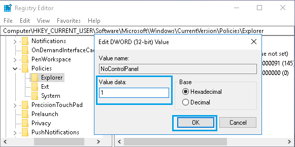 Изменить значение реестра NoControlPanel DWORD в Windows 10